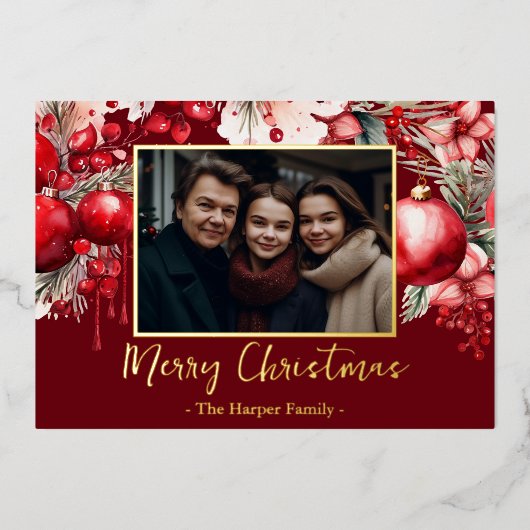 Red Poinsettia One Foto Folie Feestdagenkaart (Voorkant)