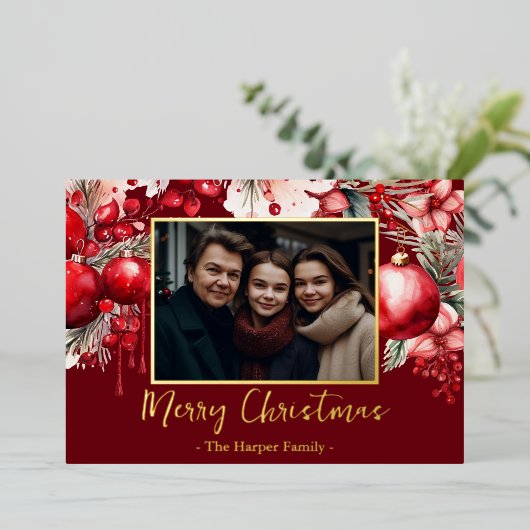 Red Poinsettia One Foto Folie Feestdagenkaart (Staand Voorkant)