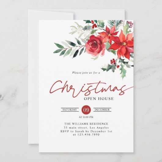 Red Poinsettia Open House Kerstdiner Kaart (Voorkant)