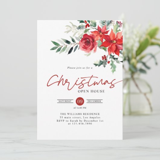 Red Poinsettia Open House Kerstdiner Kaart (Staand voorkant)