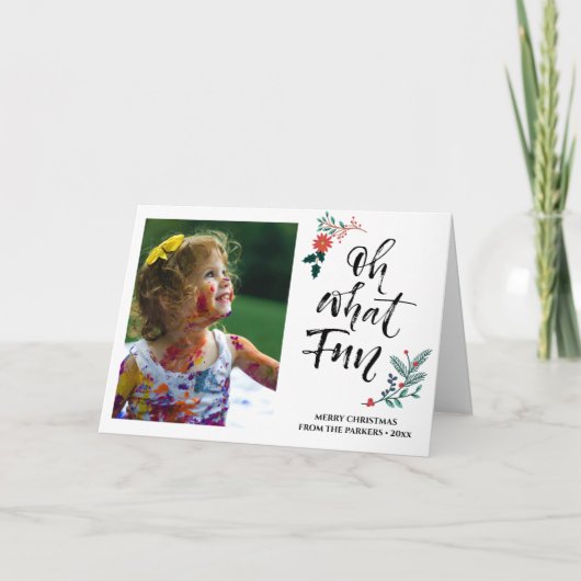 Red Poinsettia Pine Bough Fun Script OH What Fun Feestdagen Kaart (Voorkant)