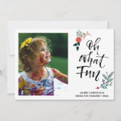 Red Poinsettia Pine Bough Fun Script OH What Fun Feestdagenkaart (Voorkant)