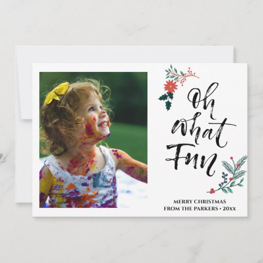 Red Poinsettia Pine Bough Fun Script OH What Fun Feestdagenkaart (Voorkant)