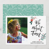 Red Poinsettia Pine Bough Fun Script OH What Fun Feestdagenkaart (Voorkant / Achterkant)