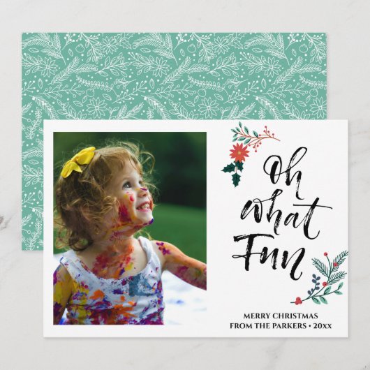 Red Poinsettia Pine Bough Fun Script OH What Fun Feestdagenkaart (Voorkant / Achterkant)