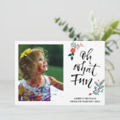 Red Poinsettia Pine Bough Fun Script OH What Fun Feestdagenkaart (Staand voorkant)