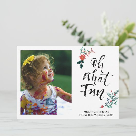 Red Poinsettia Pine Bough Fun Script OH What Fun Feestdagenkaart (Staand voorkant)