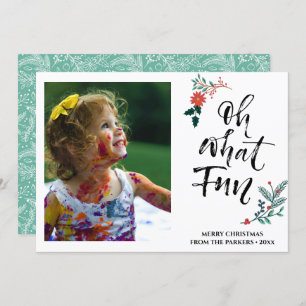 Red Poinsettia Pine Bough Fun Script OH What Fun Feestdagenkaart
