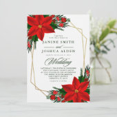 Red Poinsettia Pine Greenery kerstbruiloft Kaart (Staand voorkant)