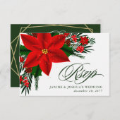 Red Poinsettia Pine Greenery kerstbruiloft RSVP Kaartje (Voorkant / Achterkant)