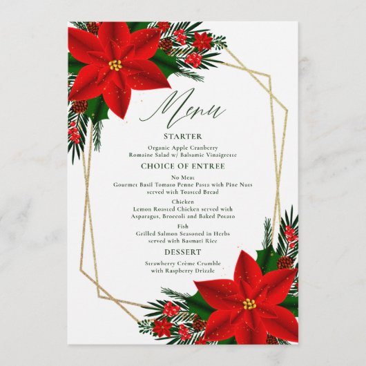 Red Poinsettia Pine Greenery Tree blaast kerst Menu (Voorkant)