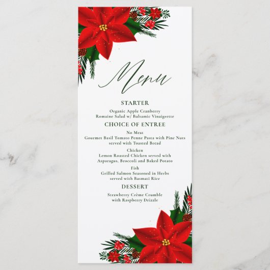 Red Poinsettia Pine Greenery Tree blaast kerst Menu (Voorkant)