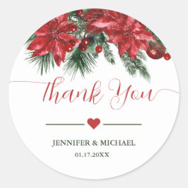 Red Poinsettia Pine Greenery Wedding Bedankt Ronde Sticker