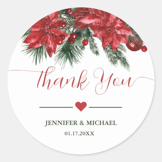 Red Poinsettia Pine Greenery Wedding Bedankt Ronde Sticker (Voorkant)
