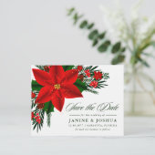 Red Poinsettia Pine Greenery Wedding Save the Date Briefkaart (Staand voorkant)