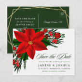 Red Poinsettia Pine Greenery Wedding Save the Date Briefkaart (Voorkant / Achterkant)