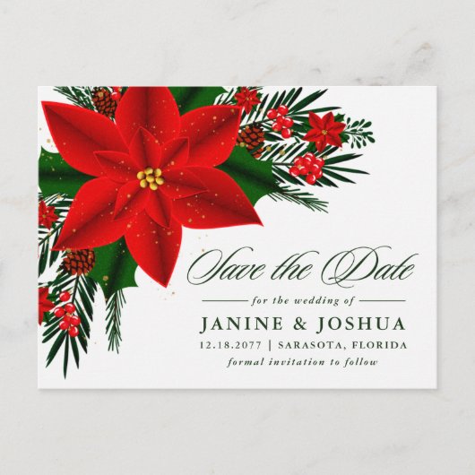 Red Poinsettia Pine Greenery Wedding Save the Date Briefkaart (Voorkant)
