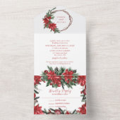 Red Poinsettia Pine Greenery Winter Wedding All In One Uitnodiging (Binnen)