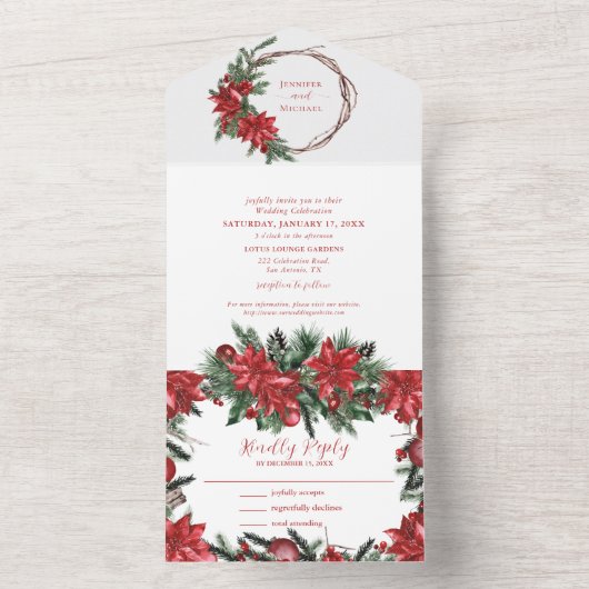 Red Poinsettia Pine Greenery Winter Wedding All In One Uitnodiging (Binnen)