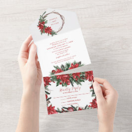 Red Poinsettia Pine Greenery Winter Wedding All In One Uitnodiging