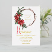 Red Poinsettia Pine Greenery Wreath Wedding Folie Uitnodiging (Staand Voorkant)