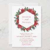 Red Poinsettia Pine Greenery Wreath White Wedding Kaart (Voorkant)