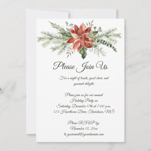 Red Poinsettia Pine Snowflakes kerstfeest Inv Kaart (Voorkant)