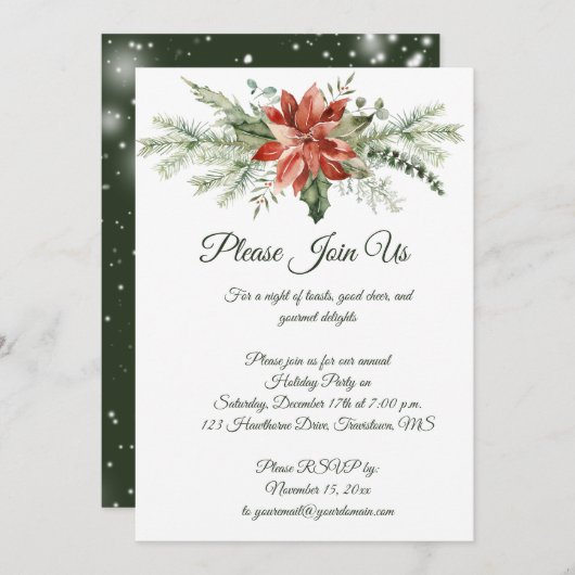 Red Poinsettia Pine Snowflakes kerstfeest Inv Kaart (Voorkant / Achterkant)