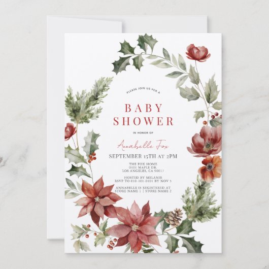 Red Poinsettia Poppy Holiday Floral Baby shower Kaart (Voorkant)