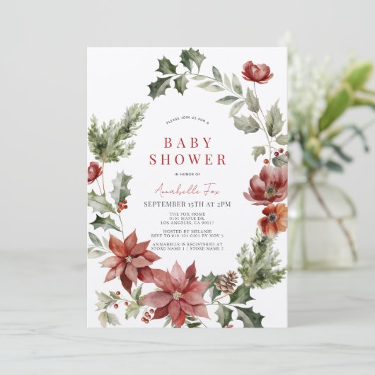 Red Poinsettia Poppy Holiday Floral Baby shower Kaart (Staand voorkant)