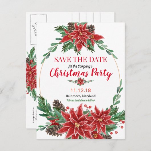 Red Poinsettia Red de datum van het kerstfeest Aankondigingskaart (Voorkant / Achterkant)