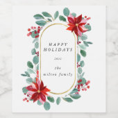 Red Poinsettia Vakantie Bloemen Monogram Wijn Etiket (Enkel label)