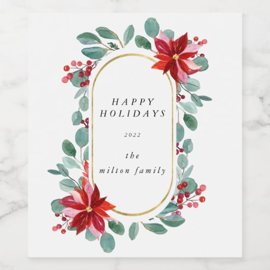 Red Poinsettia Vakantie Bloemen Monogram Wijn Etiket (Enkel label)