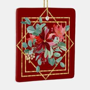 Red Poinsettia Waterverven en Gold Geo Lijst Keramisch Ornament