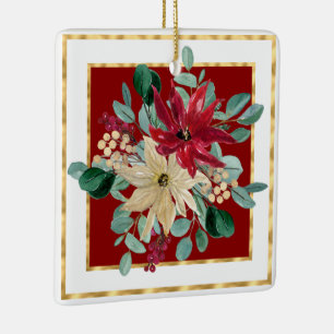 Red Poinsettia Waterverven en Gold Geo Lijst Keramisch Ornament