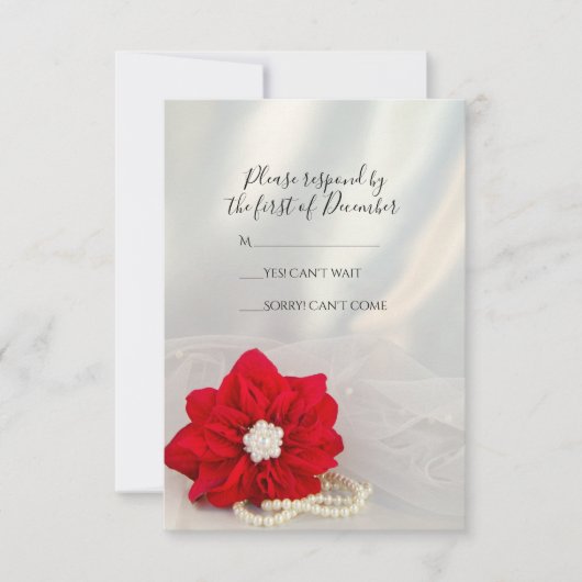 Red Poinsettia White Pearls Winter Wedding RSVP (Voorkant)