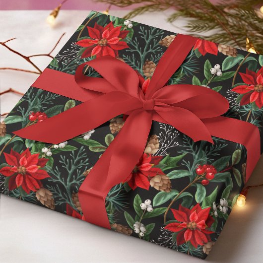 Red Poinsettia Winter Floral Christmas Pattern Cadeaupapier