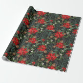 Red Poinsettia Winter Floral Christmas Pattern Cadeaupapier (Uitgerold)