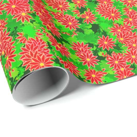 Red Poinsettias en Green Holly Cadeaupapier (Rol Hoek)