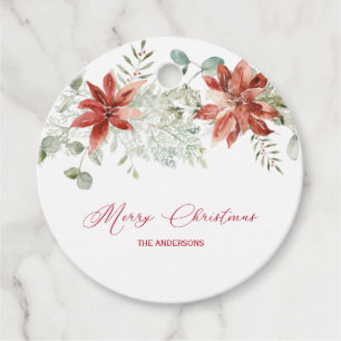Red Poinsettias en Greenery Kerstmis Bedankjes Labels