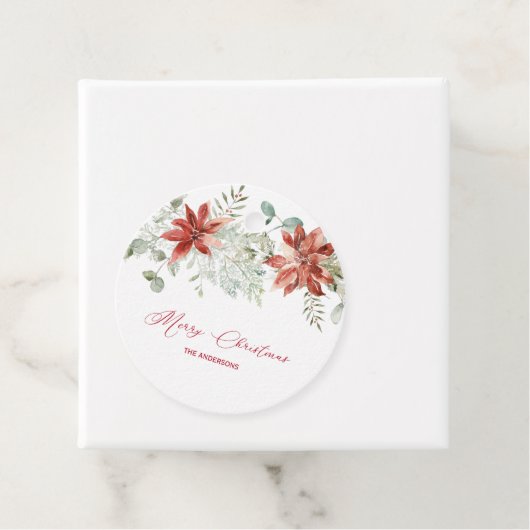 Red Poinsettias en Greenery Kerstmis Bedankjes Labels (In situ)