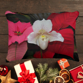 Red Poinsettias en Lady Slipper Orchid Vakantie Accent Kussen