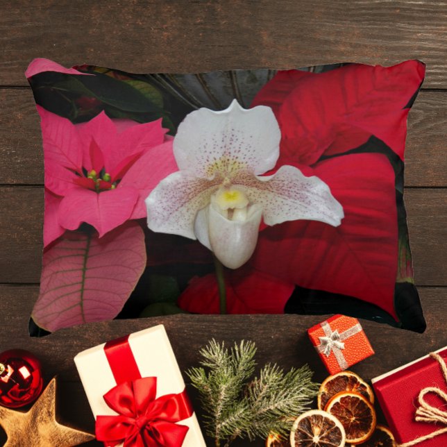 Red Poinsettias en Lady Slipper Orchid Vakantie Accent Kussen (In Situ)