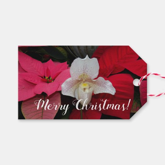 Red Poinsettias en Lady Slipper Orchid Vakantie Cadeaulabel (Voorkant (Horizontaal))