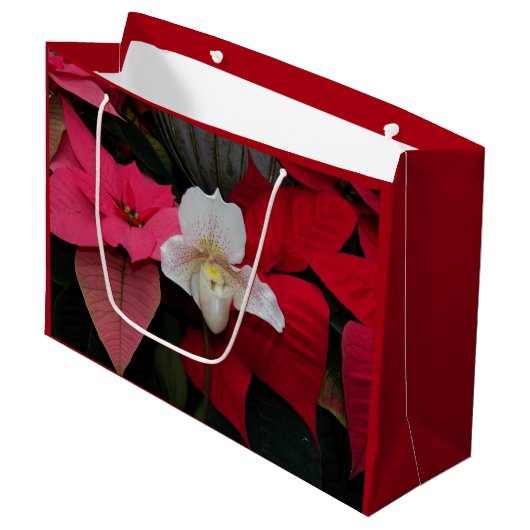Red Poinsettias en Lady Slipper Orchid Vakantie Groot Cadeauzakje (Voorkant Gekanteld)