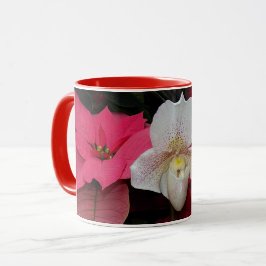Red Poinsettias en Lady Slipper Orchid Vakantie Mok (Voorkant links)
