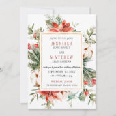 Red Poinsettias Evergreen Branches Gold Wedding | Kaart (Voorkant)