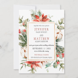 Red Poinsettias Evergreen Branches Gold Wedding | Kaart