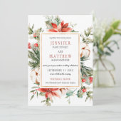 Red Poinsettias Evergreen Branches Gold Wedding | Kaart (Staand voorkant)