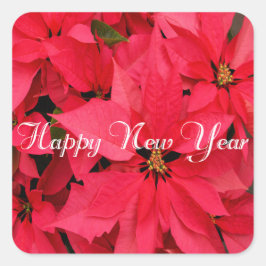 Red Poinsettias Flowers Floral Happy Nieuwjaar Vierkante Sticker
